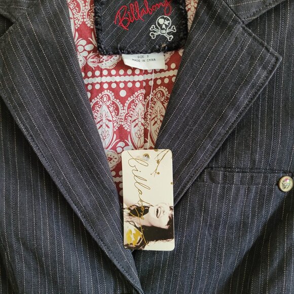 Billabong Denim Blazer Womens Small Black Pinstripe Patch Crest Academia Preppy - Picture 11 of 16